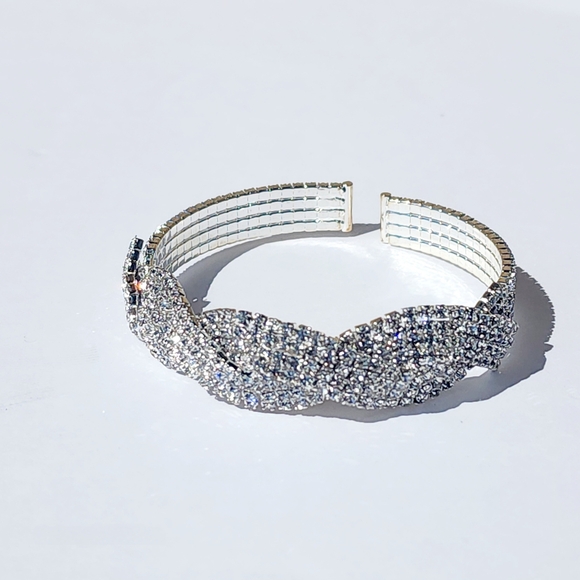 Women's Clear Rhinestones Braided Link Silver Open Wrist Cuff Bracelet - Picture 4 of 6